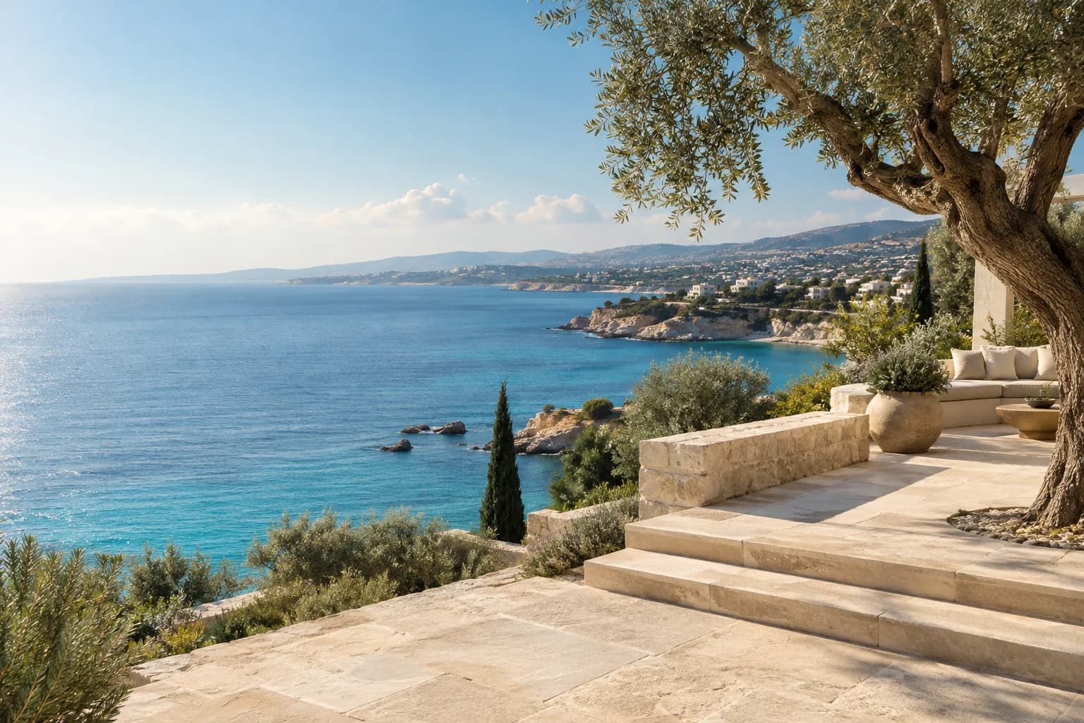 Mediterrane Terrasse mit Meerblick als Illustration zum Leben in Zypern