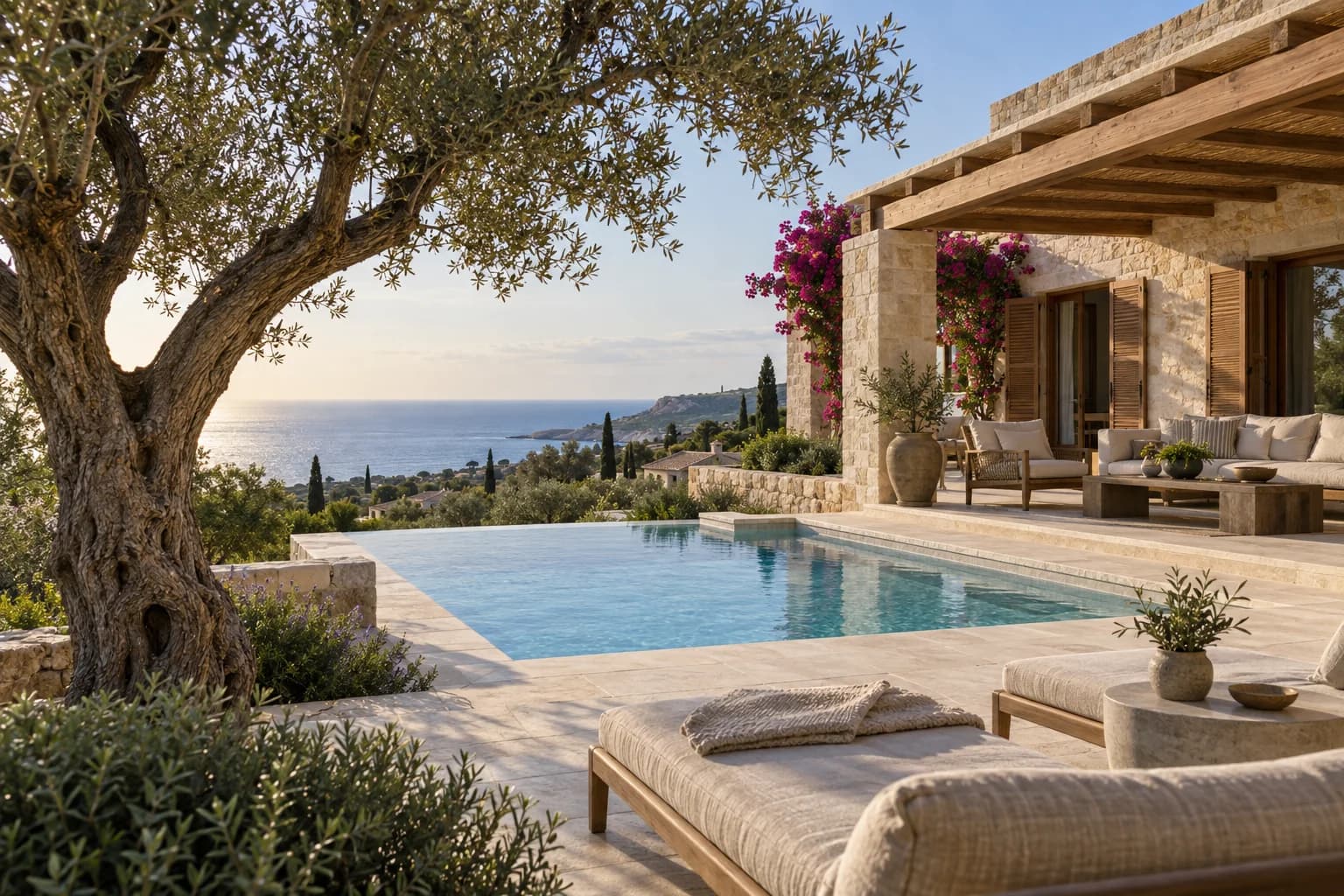 IMMOBILIEN auf Zypern Illustration eines mediterranen Hauses mit Pool und schattiger Terrasse auf Zypern